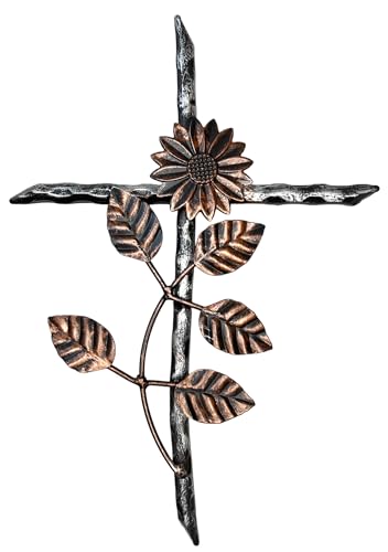 Top Brass 12” Metal Wall Mount Cross – Sunflower/Daisy Floral Garden Design – Holy Celtic Crucifix Silver & Copper Finish, Modern Rustic Jesus Art Sculpture