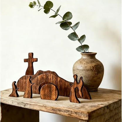 Christian Table Decor Empty Tomb Easter Scene and Cross Decoration for Home Decor, 7PCS Christian Nativity Sets & Figures Tabletop for Living Room, Console Table, Bookshelf, Tv Stand, Entryway