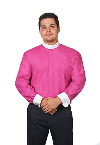 Men's Full Collar Clergy Shirt Long Sleeves - Includes Banded Collar w/White Cuffs - color: Fuschia, size: 19"-19.5" Neck 36"-37" Sleeve