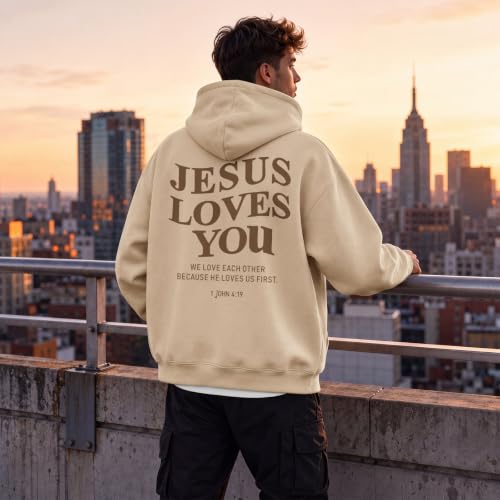 Wrenpies Christian Jesus Love You Hoodie for Men Jesus Is King Faith Religious Bible Verse Hoodies Graphic Fleece Sweatshirt - color: Apricot, size: Small