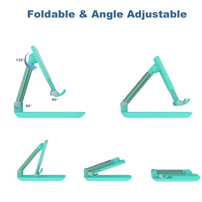 Cell Phone Stand,Adjustable Angle Height Phone Stand for Desk,Fully Foldable/Portable Phone Holder with Silicon Pad for iPhone 16/15/14/13/12/Smartphones,All Mobile Phones (Green) - color: Green