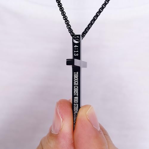 Cross Necklace for Men Christmas Gift Cross Pendant Strength Bible Verse Stainless Steel Necklaces - style: Black cross