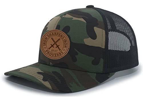 Heritage Pride Christian Iron Sharpens Iron Proverbs 27:17 Laser Engraved Leather Patch Mesh Back Trucker Hat - color: Army/Black