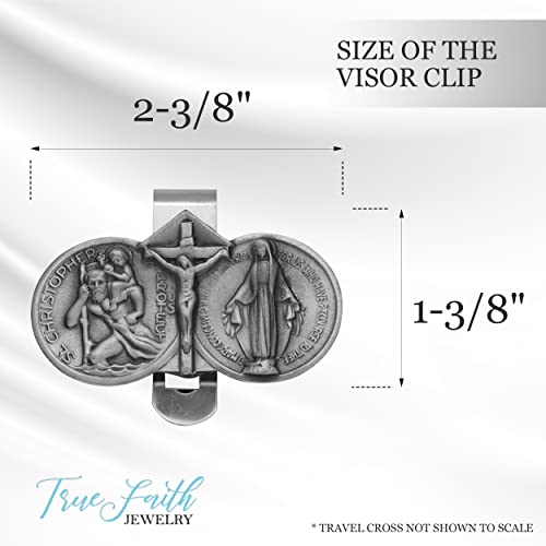 True Faith Jewelry Pewter Jesus Crucifix, Miraculous Mary and St Christopher Visor Clip for Car, Patron Saint of Travelers, Gift for New Driver, Fine Pewter (92% Tin), 1-3/8 x 2-3/8 Inch - size: Crucifix 1