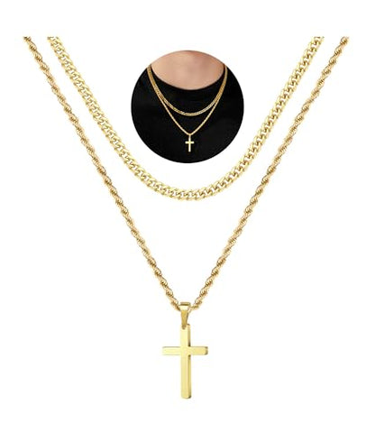 Cross Necklace for Men, Gold Black Silver Mens Cross Necklaces Stainless Steel Cross Pendant Necklace Simple Jewelry Gifts Cross Chain Necklaces for Men - color: 14K-Gold-Plated, style: 18in/20in