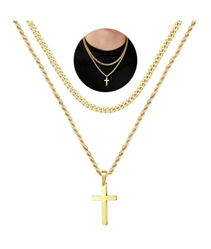 Cross Necklace for Men, Gold Black Silver Mens Cross Necklaces Stainless Steel Cross Pendant Necklace Simple Jewelry Gifts Cross Chain Necklaces for Men - color: 14K-Gold-Plated, style: 16in/18in