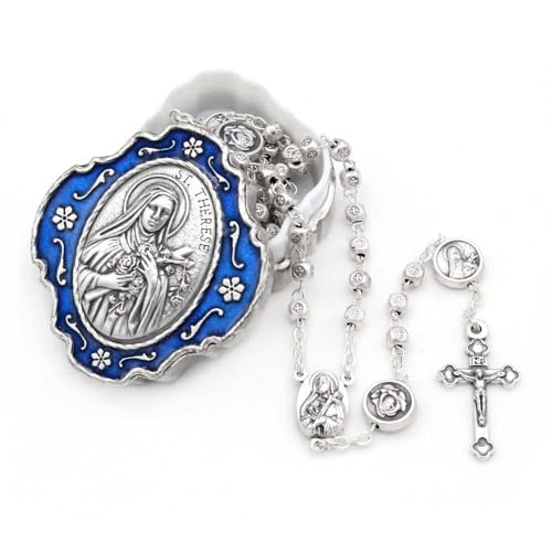Catholic Rosary Beads with Metal Keepsake Gift Box Set - color: Saint Therese