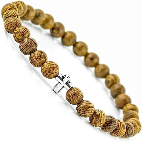 Wood Beaded Cross Bracelet for Men: Confirmation Gifts for Teens First Communion Religious Cross Statement - style: 6mm Wood Beads with Cross