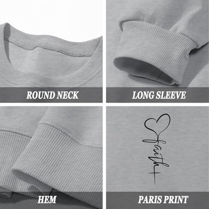 KIEKIECOO Faith Christian Sweatshirts for Women Religious Crewneck Sweatshirt Letter Print Fall Pullover Long Sleeve Tops - color: Light Gray, size: X-Large