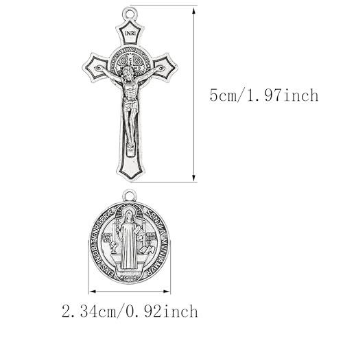 20 Pcs Catholic Rosary Making Kit, 10 St. Benedict Medals & 10 Crucifix Cross Pendants, Antique Bronze Metal Charms Connectors for DIY Pocket Rosaries, Necklaces and Jewelry Crafts (Antique Silver) - color: Antique Silver