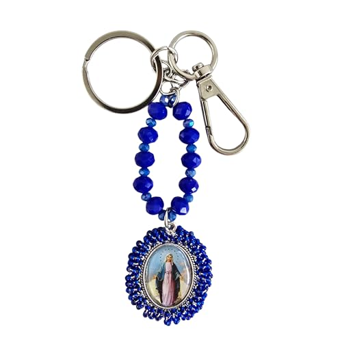 Sabeli Handmade Keychain Clip Holder - Catholic Rosary Bead Prayer - Religious Gifts Men Women - Llavero Catolico Regalo - color: Virgin Mary Royal Blue