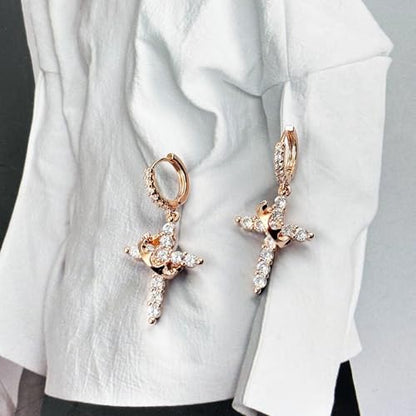 Crown Cross Earrings for Women Gold Cross Hoop Earrings Silver Crystal Crown Huggie Earring Dainty Cute Religious Dangle Earring Trendy Jewelry Accessories - color: rose gold