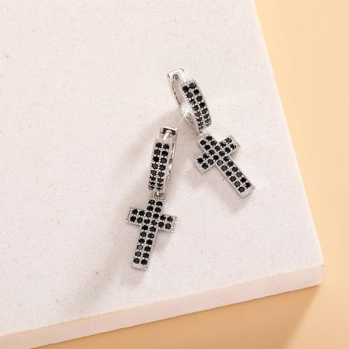 TOPGRILLZ Cross Hoop Dangle Earrings 925 Sterling Silver 5A+ Cubic Zirconia 14K Gold Hypoallergenic Cross Hoop Cuff Huggie Drop Earrings For Men Women - color: Cross 2 Silver Black