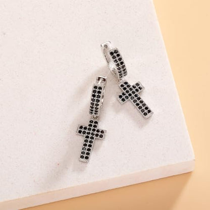 TOPGRILLZ Cross Hoop Dangle Earrings 925 Sterling Silver 5A+ Cubic Zirconia 14K Gold Hypoallergenic Cross Hoop Cuff Huggie Drop Earrings For Men Women - color: Cross 2 Silver Black