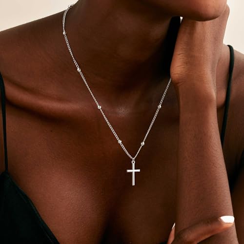 Cross Necklace for Women - Dainty 14K Real Silver Gold Plated Layered Pendant Necklace Stack Simple Trendy Cute Charm Choker Necklaces Jewelry Gift for Teen Her - style: Bead Silver