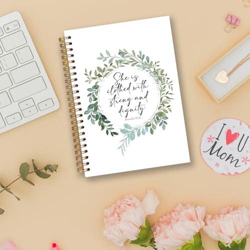 she is clothed with strength and dignity Christian Spiral Notebooks, Proverbs 31:25 Bible Journal, Scripture Journals for Writing, Religious Notebook for Note Taking, 5.5x8.3 Inch - color: white Bible Notebook-13