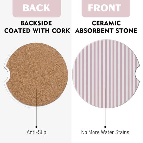 2 Pack Car Coasters for Cup Holders, Cute Car Accessories Interior - color: Pink Stripes