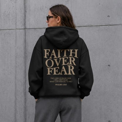 Wrenpies Faith Over Fear Hoodie for Women Christian Jesus Bible Verse Sweatshirt God Religious Oversized Tops - color: Black, size: X-Large