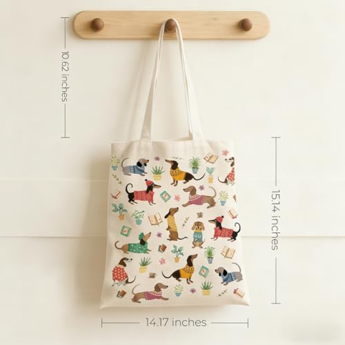 Canvas Tote Bags Reusable Shopping Bag for Women with Zippered Inner Pocket Magnetic Snap Closure - color: Dachshund