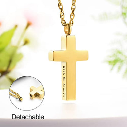 Cremation Cross Necklace for Ashes Stainless Steel Cross Urn Pendant Ashes Holder Memorial Jewelry-With Me Always - style: With me always-Gold engraving