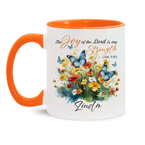 Butterfly And Flowers Design Mug, Custom Name Christian Themed Mug, Customized Bible Verse Bible Verse Mug, Personalized Inspirational Cup 11Oz Or 15Oz, Gifts For Christian Women - color: TRI-1223-1148-GOD IS MY STRENGTH MUG
