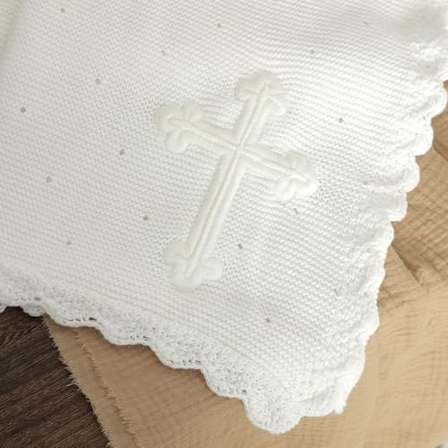 mimixiong Baby Christening Blanket Cotton Soft Knit with Stitching Cross - color: White