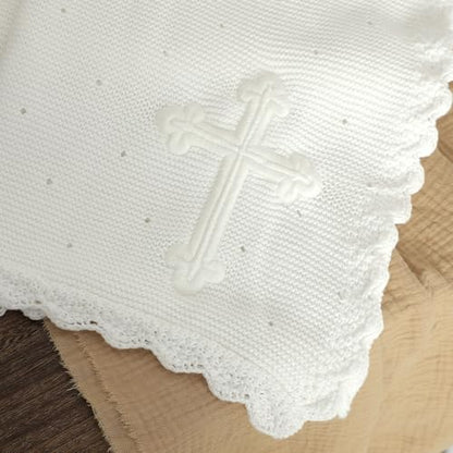 mimixiong Baby Christening Blanket Cotton Soft Knit with Stitching Cross - color: White
