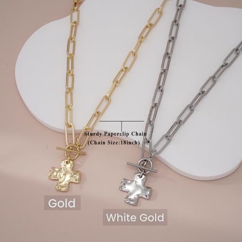 Chunky Cross Necklace for Women, 14K Gold Silver Pendant Necklace - color: White Gold-Toggle-0.8 inch pendant