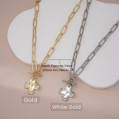 Chunky Cross Necklace for Women, 14K Gold Silver Pendant Necklace - color: White Gold-Toggle-1 inch pendant