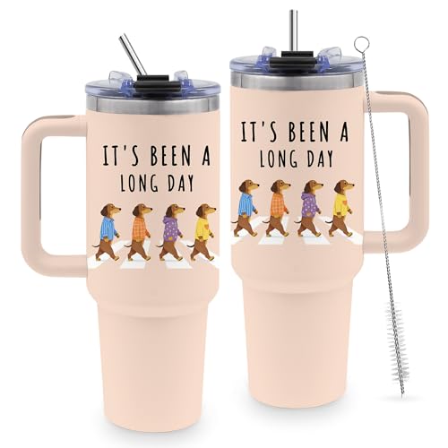40oz Dachshunds Tumbler Gifts for Women, Water Bottle with Handle & Straw - color: Dachshund2-Khaki