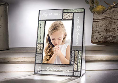 First Communion Gifts Personalized Picture Frame Custom Engraved Glass 4x6 Vertical Photo Green And Antique Yellow J Devlin Pic 430-46V EP620