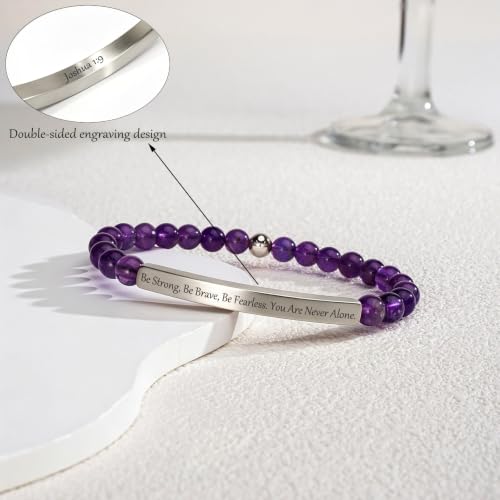 Amethyst Christian Bracelet for Women, 18K Gold Plated Bible Verse Jewelry, Inspirational Religious Faith Gift, Scripture Jewelry for Encouragement & Strength - color: Be strong,Be brave,Be fearless.You are never alone-Amethyst Silver