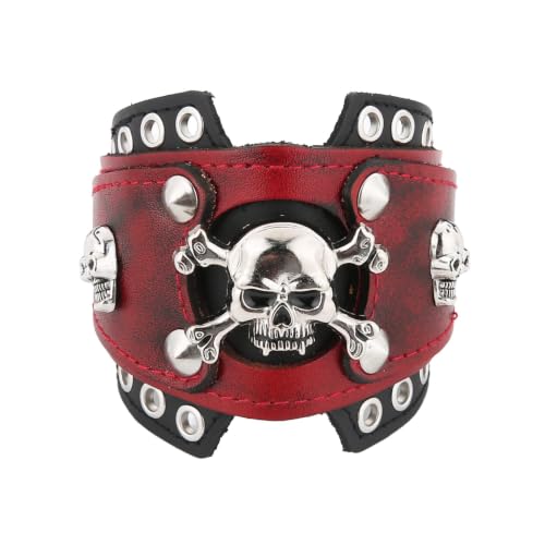 HZMAN Leather Bracelets Retro Men's Leather Cuff Bracelet Adjustable Wide Wristband Bracelet Jewelry Gift - color: Red-Skull