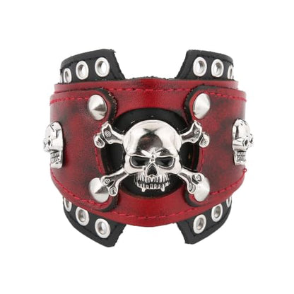 HZMAN Leather Bracelets Retro Men's Leather Cuff Bracelet Adjustable Wide Wristband Bracelet Jewelry Gift - color: Red-Skull