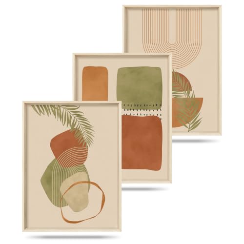 HOURIA Terracotta Sage Green Palm Leaf Framed Canvas Wall Art Set-12"x16"x3 - color: Boho Botanical Wall Art, size: 12"L x 16"W