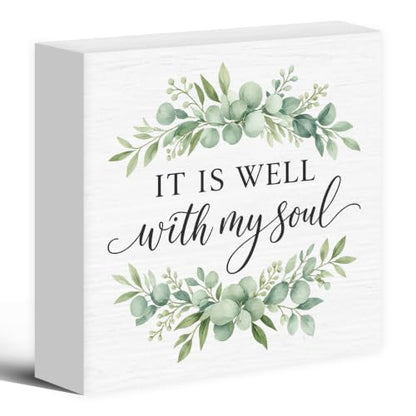 Christian Religious Bible Verse Wood Box Sign Desk Decor 5X5 - color: Soul Greenery
