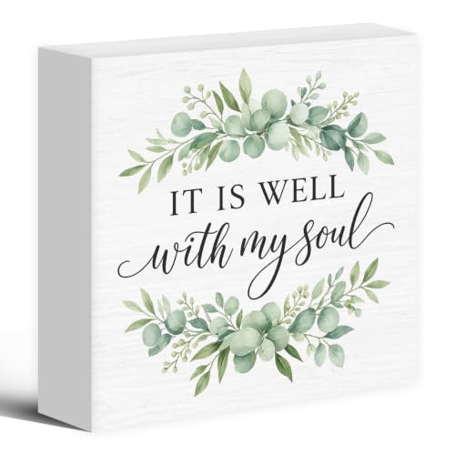 Christian Religious Bible Verse Wood Box Sign Desk Decor 5X5 - color: Soul Greenery