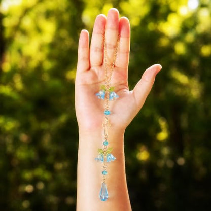 Cross Car Rearview Mirror Charm Blue Lily of Valley Crystal - color: Blue - Flower
