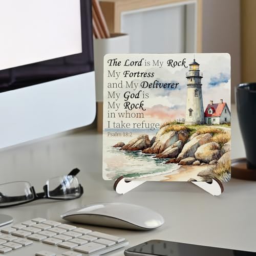Coastal Lighthouse Christian Wooden Sign Desk Decor, the Lord Is My Rock Bible Verse Wood Plaque Sign With Stand for Beach House Home Office Desk Table Shelf Decoration, 5x5 Inch - color: Lighthouse Faith, size: 5x5x1.1 in