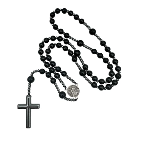 Bovemee Saint Benedict Medal Prayer Pocket Rosary Catholic Brown Wood Beads with Medalla de san benitol and Crucifix, 9 Inch - color: Nature stone Black
