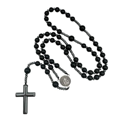 Bovemee Saint Benedict Medal Prayer Pocket Rosary Catholic Brown Wood Beads with Medalla de san benitol and Crucifix, 9 Inch - color: Nature stone Black