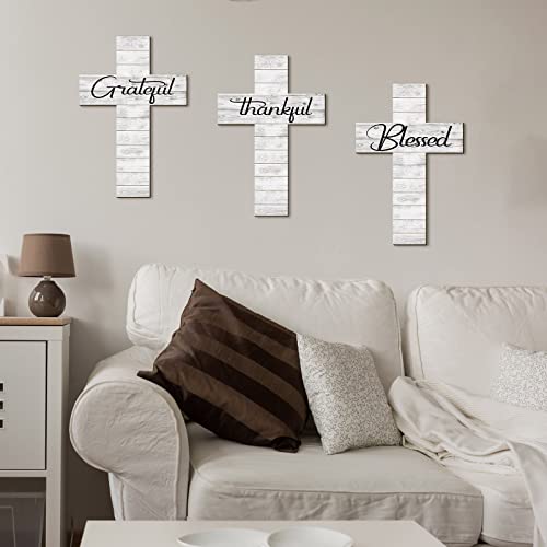 Yookeer 3 Pcs Thankful Grateful Blessed Cross Wood Wall Hanging Rustic