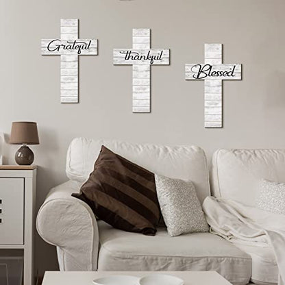 Yookeer 3 Pcs Thankful Grateful Blessed Cross Wood Wall Hanging Rustic