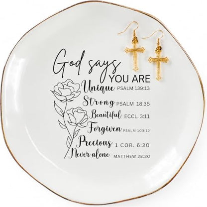 Inspirational Ring Dish for Women – You Are Unique Ceramic Jewelry Holder Tray for Rings, Earrings, Bracelets – Christian Faith Gift for Her, Birthday, Baptism, Encouragement - color: You Are Unique