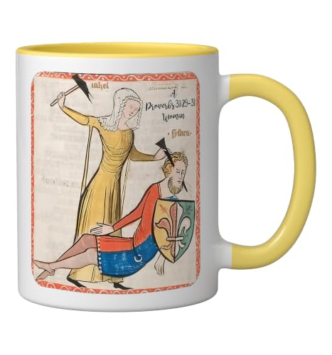 Proverbs 31 29 31 Woman Medieval Christian Art Design Ceramic Mug, Yellow/White, 11oz - color: Yellow/White, size: 11 Ounces