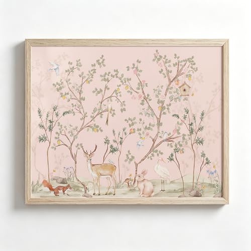 Pink Nursery Wall Art Vintage Chinoiserie Poster Baby Girl Room Canvas Wall Decor Cottagecore Animal Print Botanical Flower Deer Picture Girl Nursery Aesthetic Artwork for Bedroom 16x24 Inch Framed - color: Animals Tree Prints, size: 24"L x 16"W