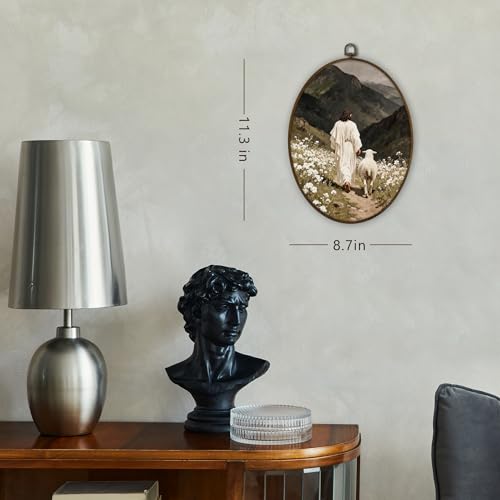 Gnmduw Easter Christian Jesus and Lamb Oval Wall Art Framed, Easter Jesus Walking with Lamb Canvas Prints Hanging Decor, Vintage Christian Religious Wall Decor for Bedroom Living Room, 8.7x11.3 Inch - color: christ3, size: 11.3"L x 8.7"W