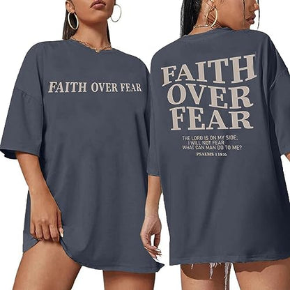 BANGELY Faith Over Fear Shirt Women Graphic Shirts Oversized Workout Gym Christian Religious Tees Drop Shoulder Tee Tops - color: Grey, size: X-Large