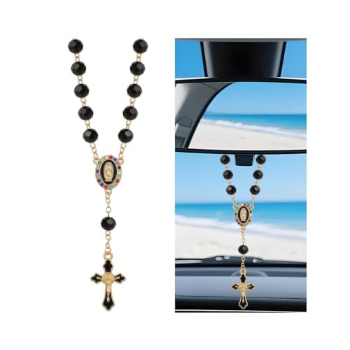 Car Rosary for Rearview Mirror, Pearl Heart Chain Catholic Auto Steering Wheel Rearview Hanging Accessories, Artificial Pearls Vehicle Hanging Rosary Charm Decor, Universal Fit (Black) - color: Black
