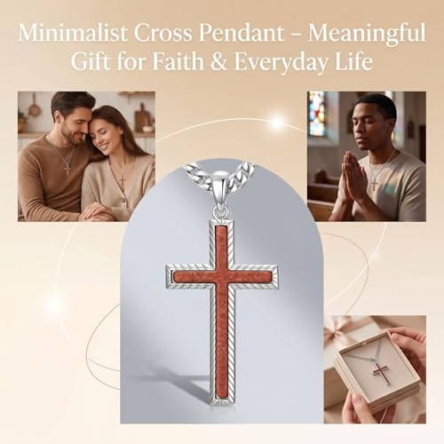 MRENITE Silver Natural Stone Cross Necklace, Classic Latin Cross Pendant Necklace for Unisex Women Man, Vintage Crystal Quartz Cross Necklace with 20+2 Inches Adjustable Cuban Chain - style: Red Sandstone